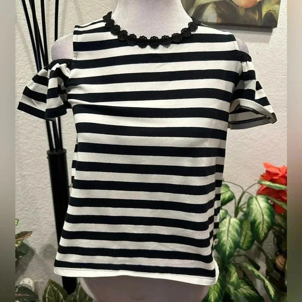 Kate Spade black/white stripe cold shoulder crop tops size 12